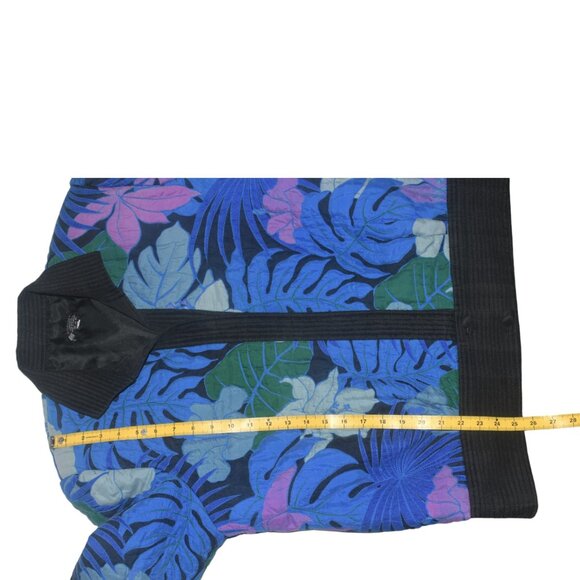 Vintage 80s Silk Quilted Jacket Cardigan Tropical Leaves Floral 14 L - Picture 6 of 9